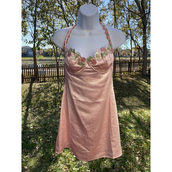 Pink Satin Slip Dress Floral Embroidered Halter Neckline By Princess Polly Size - Picture 1 of 13